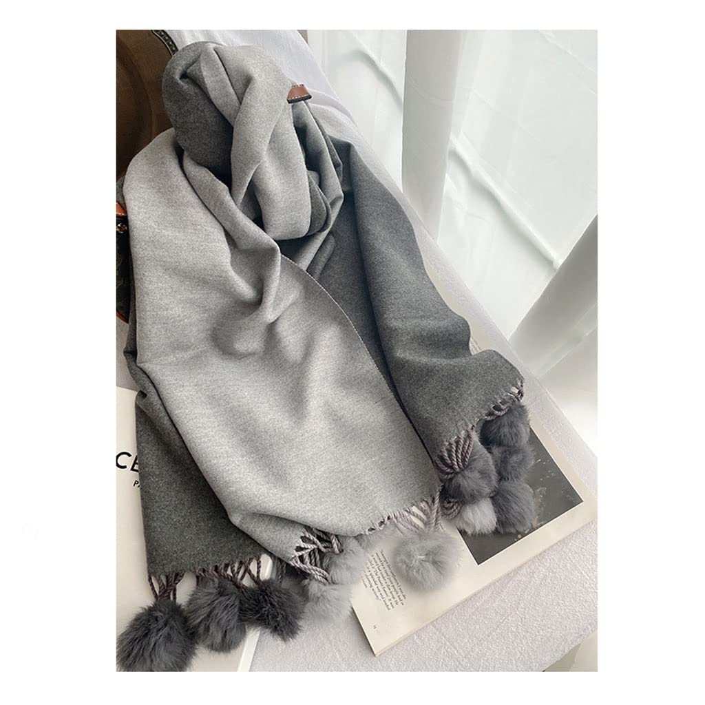 Szalik Zimowy Winter Lady Imitacja Kaszmirowy Szalik Królik Futro Pom Pom Pomien Ciepły Szal Wrap Kobiety Dwustronne Łączenie Długie Szaliki Tassel Szalik Szal(Grey)