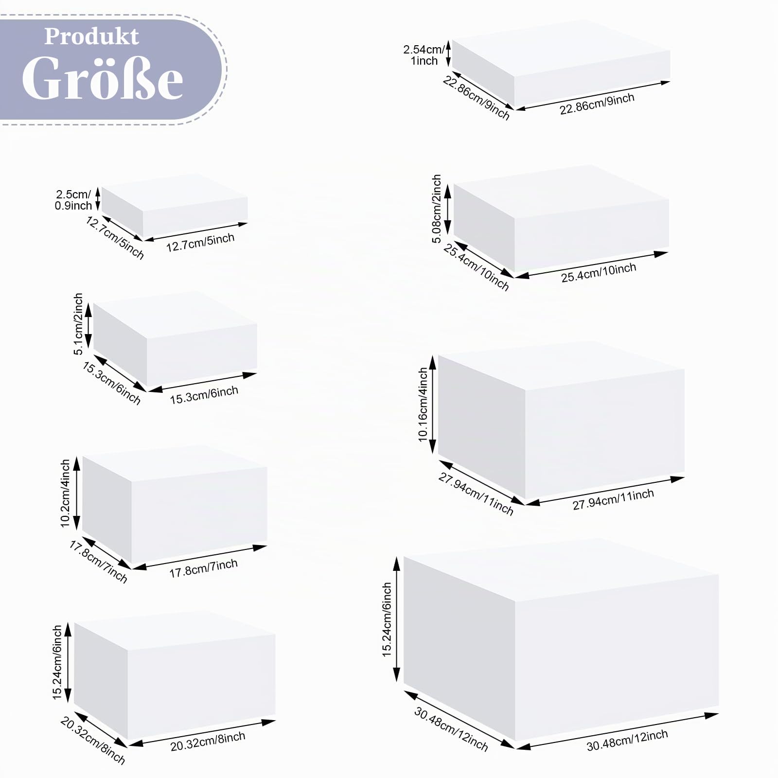 BINBE Acryl-Ständer für die Ausstellung, weiße Acryl-Würfelbox, Dessert-Ständer mit hohlen Böden, 8 verschiedene Größen, Produkt-Erhöhungen für Party-Dekoration, 8 Stück (Würfel 8)