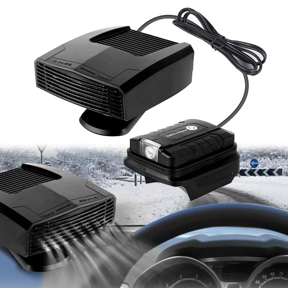 Przenośny grzejnik postojowy i wentylator rozmrażania, ogrzewanie samochodowe z dwoma portami USB, adapter obracany o 360 stopni, nadaje się do akumulatora 18 V DC 14-21 V (czarny)
