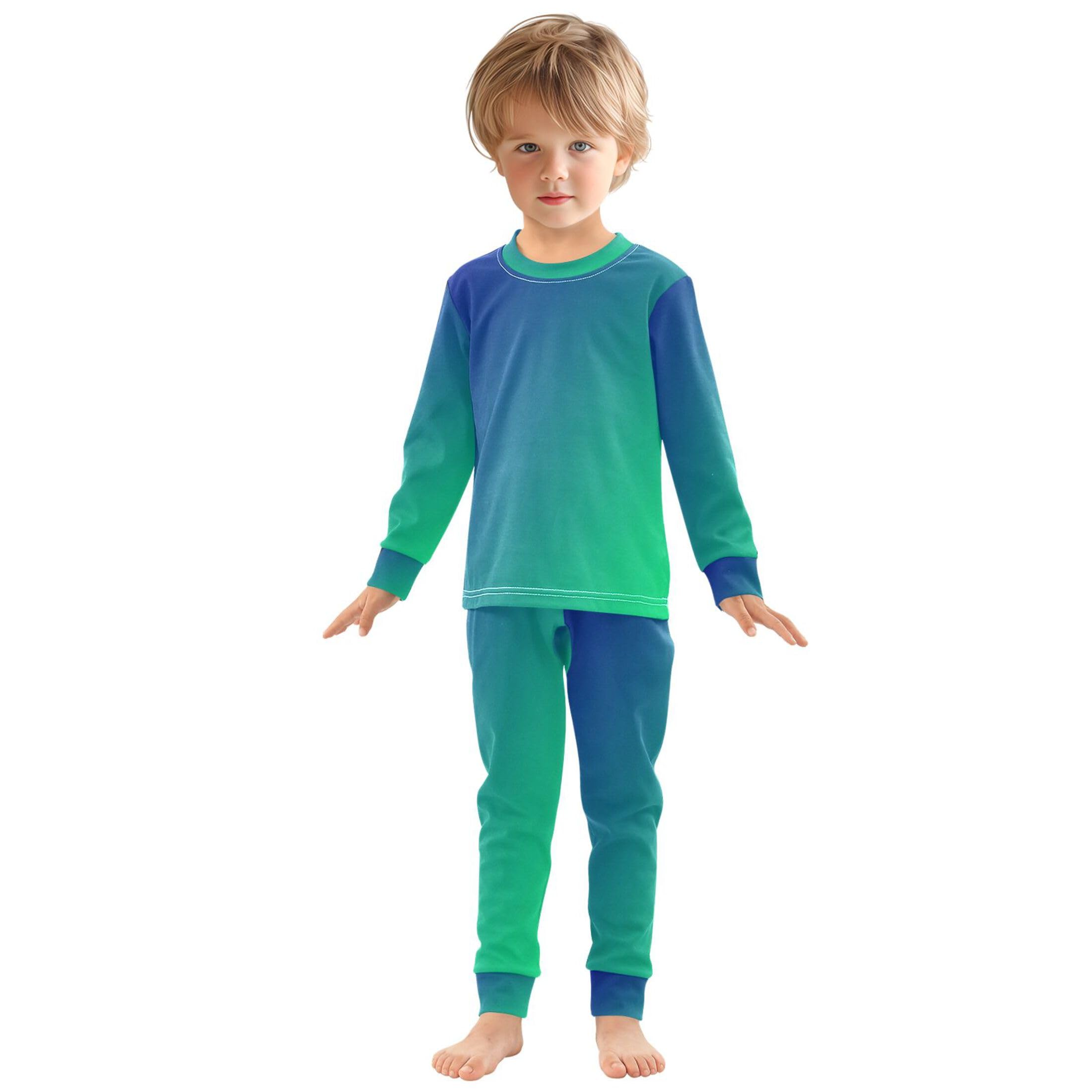 Dark Blue Green Long Sleeve Pajamas Set Sleepwear Jammies 2pcs Set Pjs Dark Blue Green 02