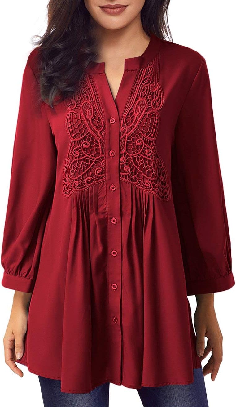 Women Long Sleeve Notch Neck Pleated Loose Blouse Tunic Top