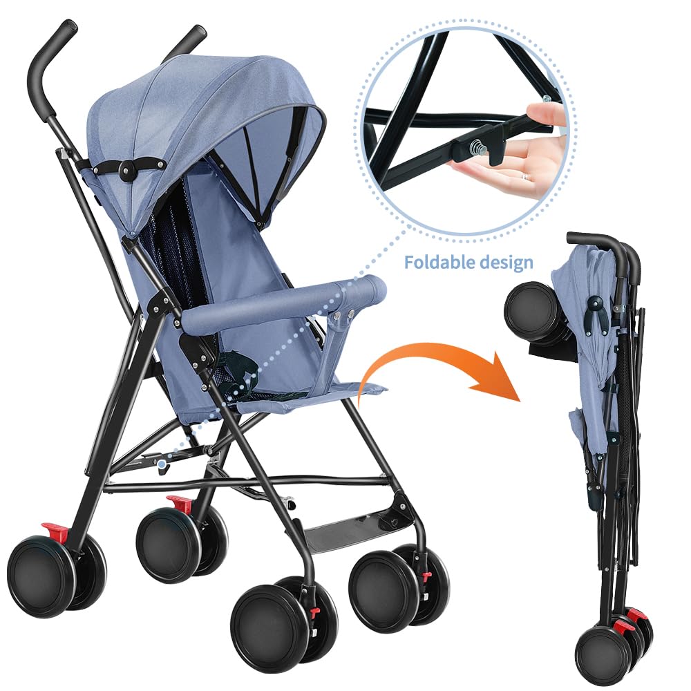Poussette Canne Compacte et Pliable avec Tapis Cool Poussette de Voyage Pliable Poussettes Compacte Bébé 6 Mois à 4 Ans, Jusqu'à 25 kg (Bleu)