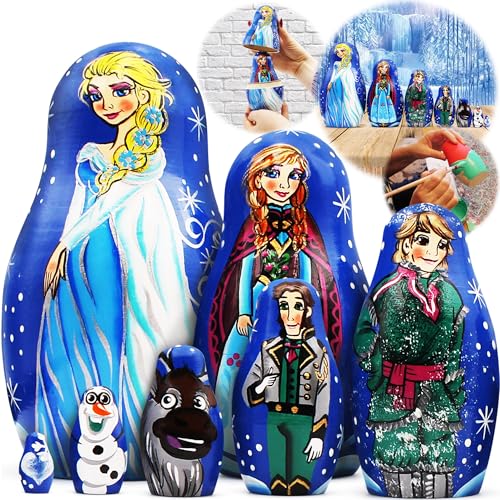 Juego de Matryoshka de Frozen - Muñecas rusas pintadas a mano - Coleccionable único para decoración del hogar y fanáticos de Frozen de Disney - 7 piezas