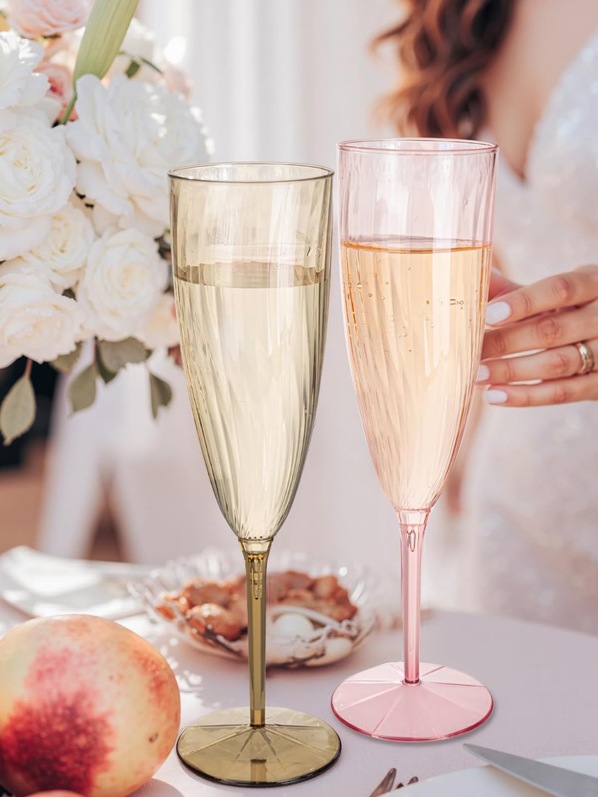 WDF Paquete de 12 copas de champán de plástico coloridas, copas de champán desechables de alta calidad, suministros de fiesta para bodas, cumpleaños y fiestas
