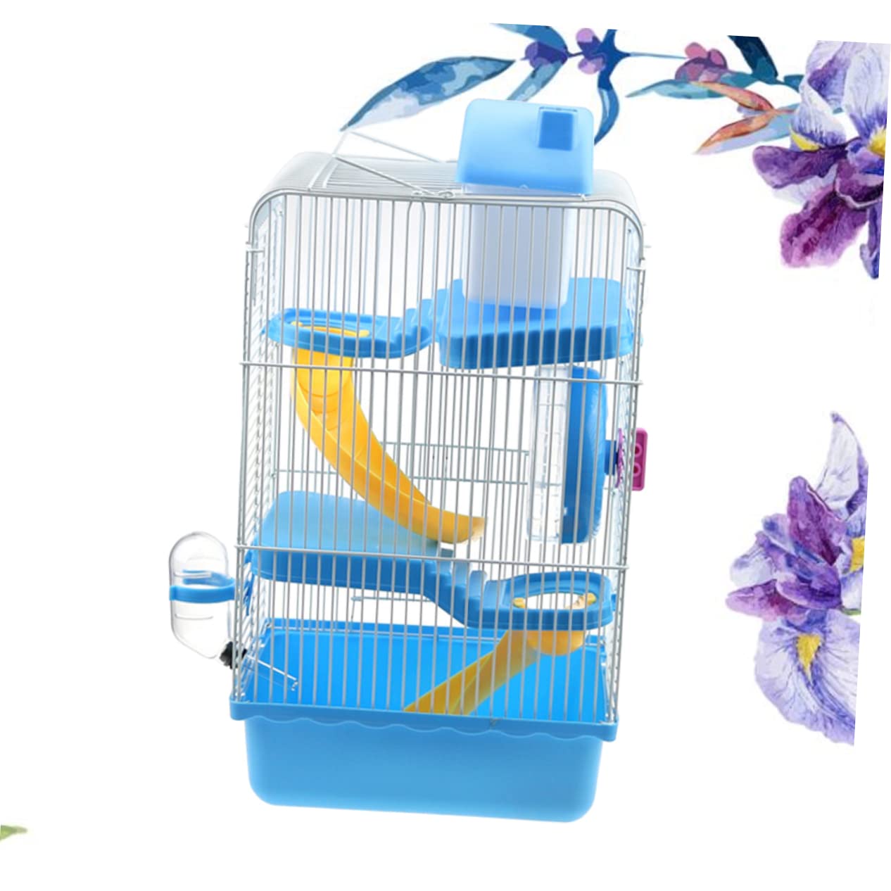 Dreistöckiger Hamsterkäfig Villa Käfig aus Pp und Eisen | 23 X 17x45cm, Blaues Haustierhaus mit Laufrad und Auslaufsicherer Trinkflasche