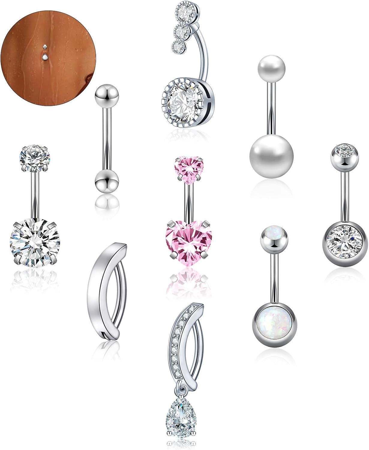 9PCS 14G 1.6MM Belly Button Ring Stainless Steel Clicker Belly Ring CZ Opal Pearl Belly Piercing Navel Piercings Pack for Women