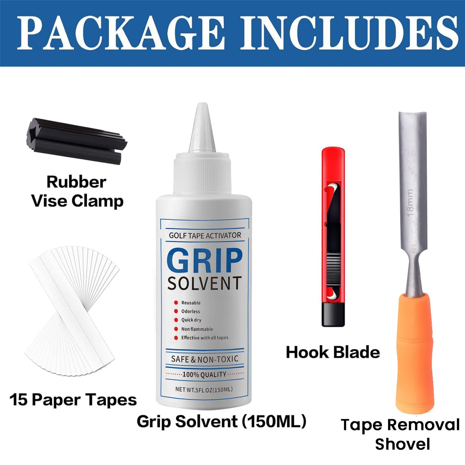 Golfgriff-Sets zum Nachreißen von Golfschlägern, professionelle Qualität, inkl. Grifflösungsmittel, Golfgriff, 15 Streifen, Klebeband, Haken, Klinge, Gummi-Schraubstockklemme und