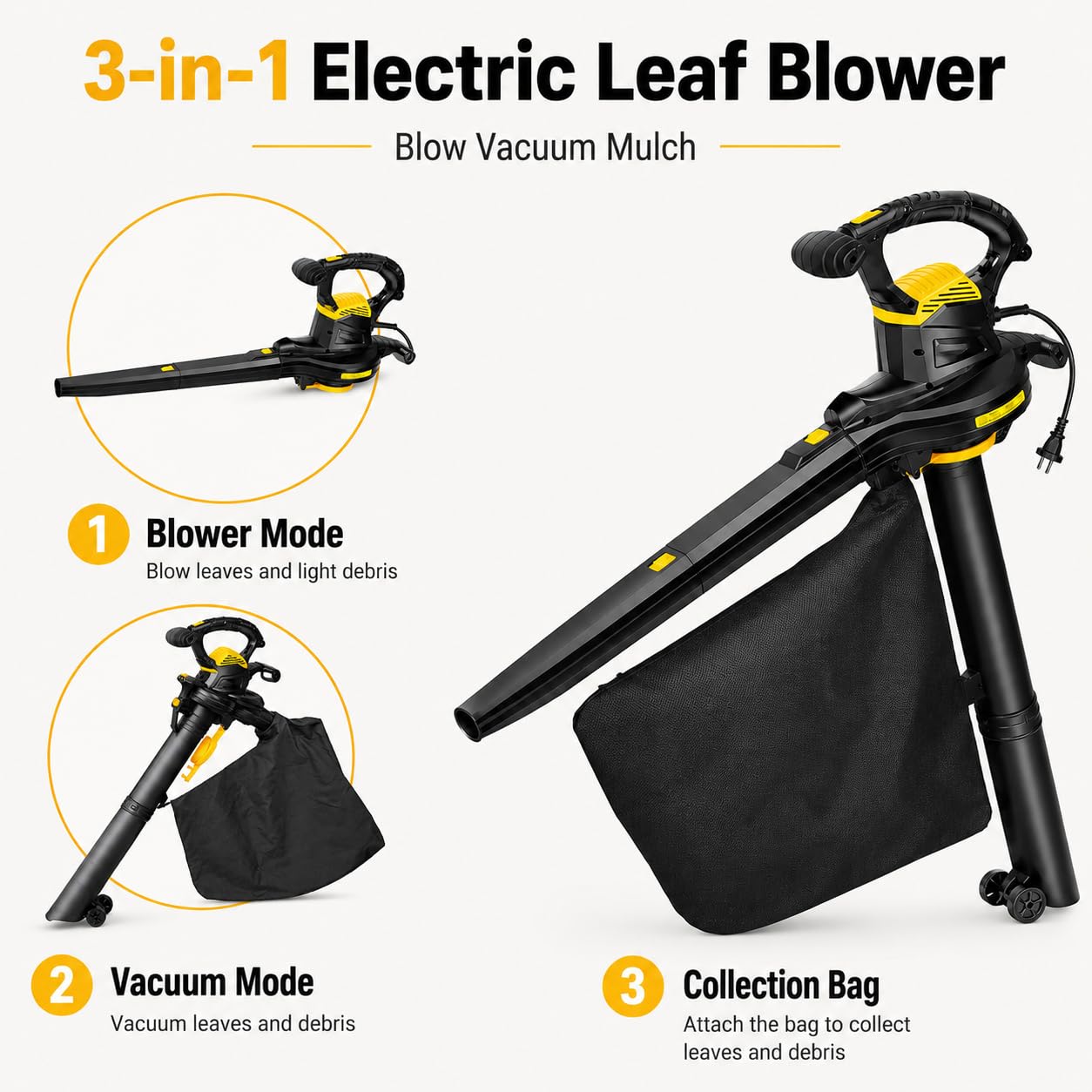 Soplador eléctrico de hojas de 3800 W y triturador | Bolsa de colección con cable, 40 L, relación de trituración 16:1, aspiradora de jardín