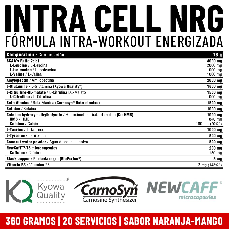 DMI INNOVATIVE NUTRITION Intra-Cell NRG 360 g Sabor Naranja-Mango– Intra-Workout con BCAAs, Beta-Alanina CarnoSyn®, Cafeína NewCaff™, Glutamina Kyowa® – Rendimiento, Energía y Recuperación Muscular