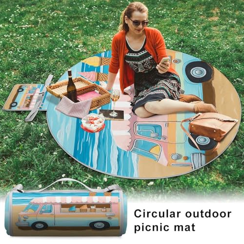 Manta de picnic redonda para playa y parque con diseño de camión de helados 6