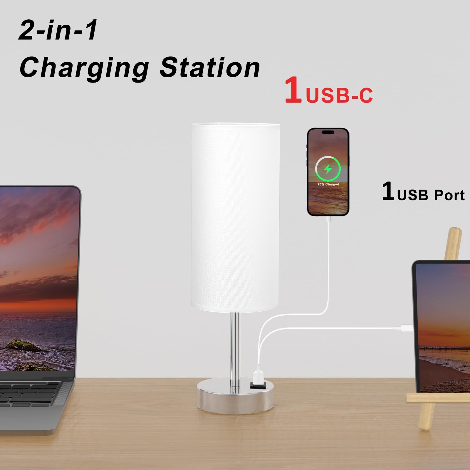 Set di 2 lampade da comodino per camera da letto, lampada touch per comodino con porte di ricarica USB-A+C, 3 vie, dimmerabile, piccola, lampada da scrivania bianca per ufficio, dormitorio, soggiorno