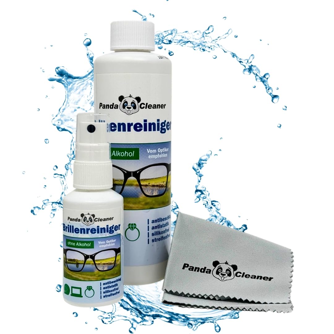PANDACLEANER Środek do czyszczenia okularów, spray 50 ml + butelka uzupełniająca 250 ml, bez alkoholu, czyszczenie bez smug, formuła zapobiegająca zaparowaniu, wyprodukowano w Niemczech