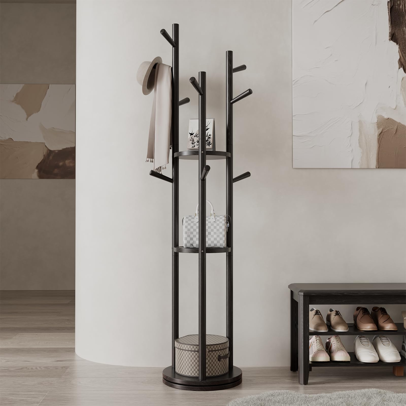 AQIMUELE Coat Stand, Woodem Coat Rack Stand with 3 Storage Shelves and 9 Hooks, Freestanding - Rotatable Coat Hanger Stand, Sturdy and Easy Assembly for Hallway, Bedroom (Black)