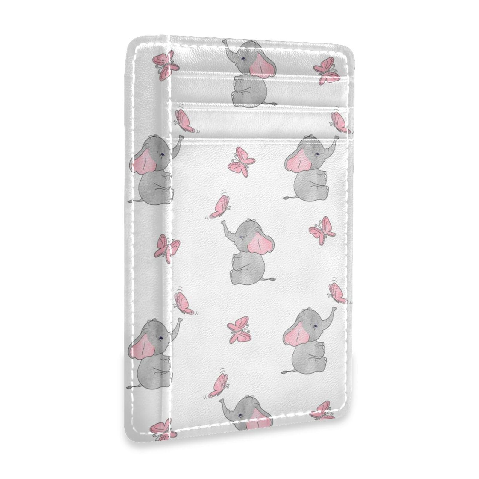Slim Minimalist RFID Blocking Wallet, Front Pocket Leather Credit Card Holder Unisex Case Protector Covers Print Cute Elephants Pink Butterflies Seamless On White Style