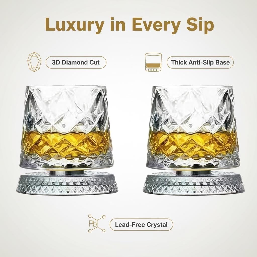 9 Oz Whiskey Glasses Thick Freezable Bourbon Glass Rotatable Tumbler Crystal Whiskey Glass For Scotch, Bourbon, Liquor and Cocktail Drinks - Set of 2 - Men Gift