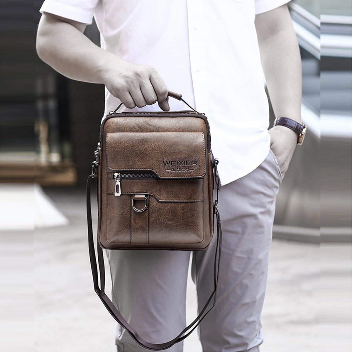 Sacs à Bandoulière Sacoche Homme en Cuir Vintage Shoulder Bag Crossbody Business Cartable Besace Pochette Sacs à Main pour iPad, iPhone, Sport, Voyages,Travail (Marron Sacoche Homme)