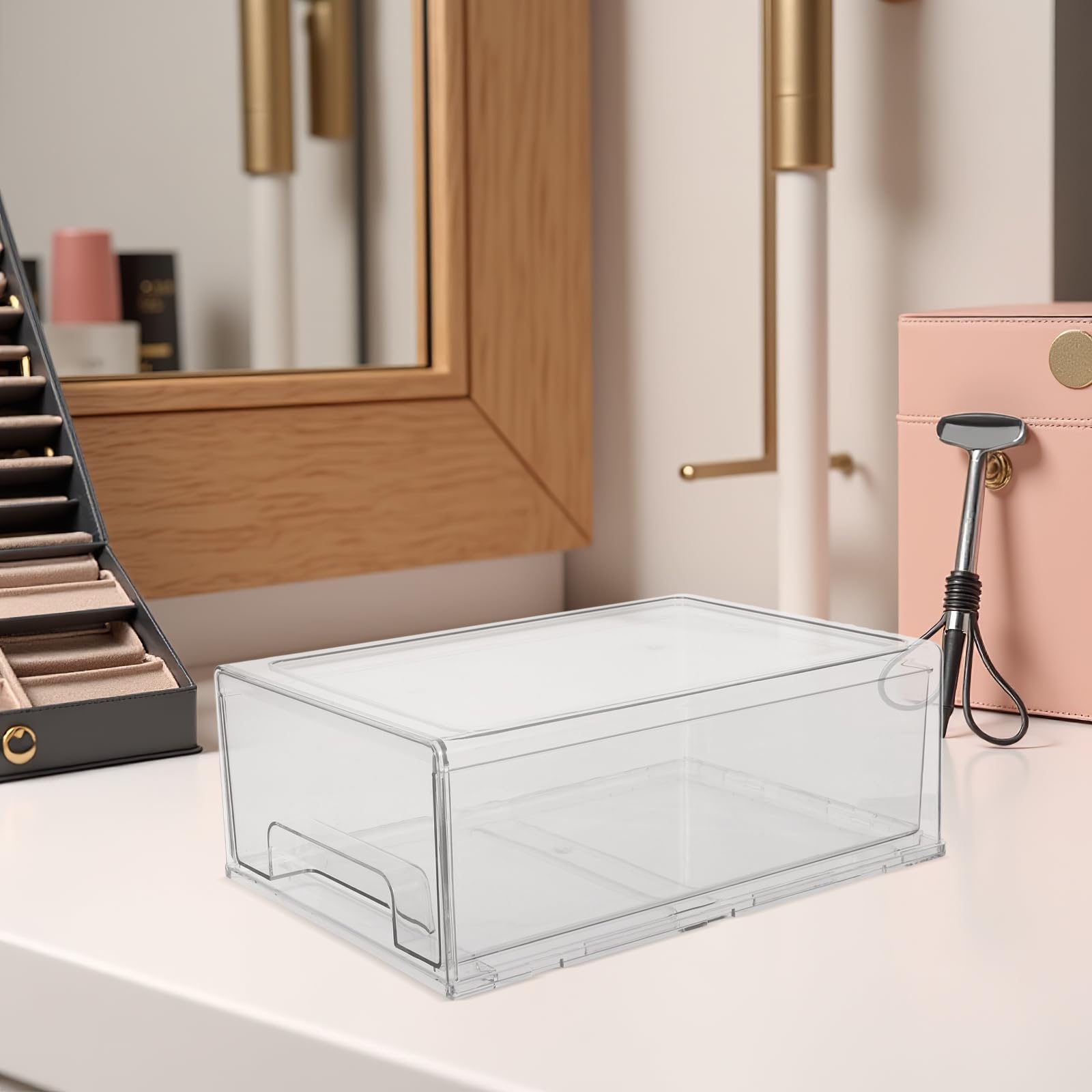 Vaguelly Cajón de almacenamiento apilable, caja de acrílico transparente, organizador de maquillaje, joyas, oficina, papelería, tocador, armario de baño, organización de despensa.