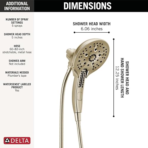 Miniatura 10 de Delta Faucet 5-Spray In2ition - Cabezal de ducha de mano doble 2 en 1 con manguera, cabezal de ducha de mano H2Okinetic con acoplamiento magnético