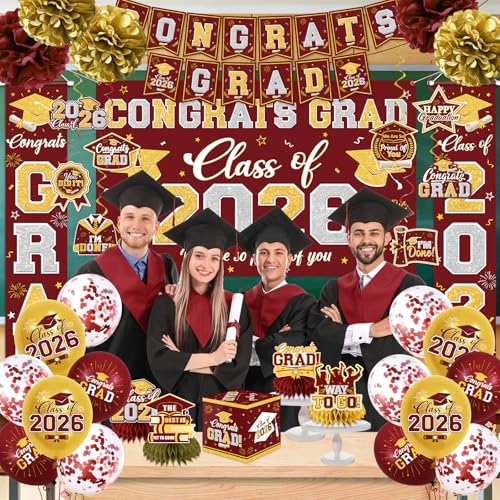 Image of Graduation Decorations Class of 2026 Maroon and Gold Graduation Decorations with Congrats Grad Banner,Backdrop,Porch Sign,Balloons,Hanging Swirls,Honeycomb Centerpieces,Box for Graduation Party Decor