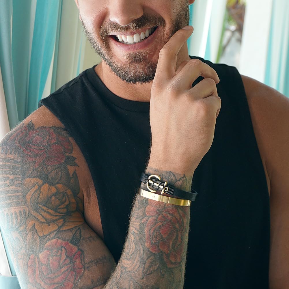 Men’s Leather Bracelet with Stainless Steel Anchor, Black Genuine Leather Wristband, Nautical Anchor Bracelet for Men, Fits 7.5–8.5 Inch Wrist, 8.7in Inner Circ.