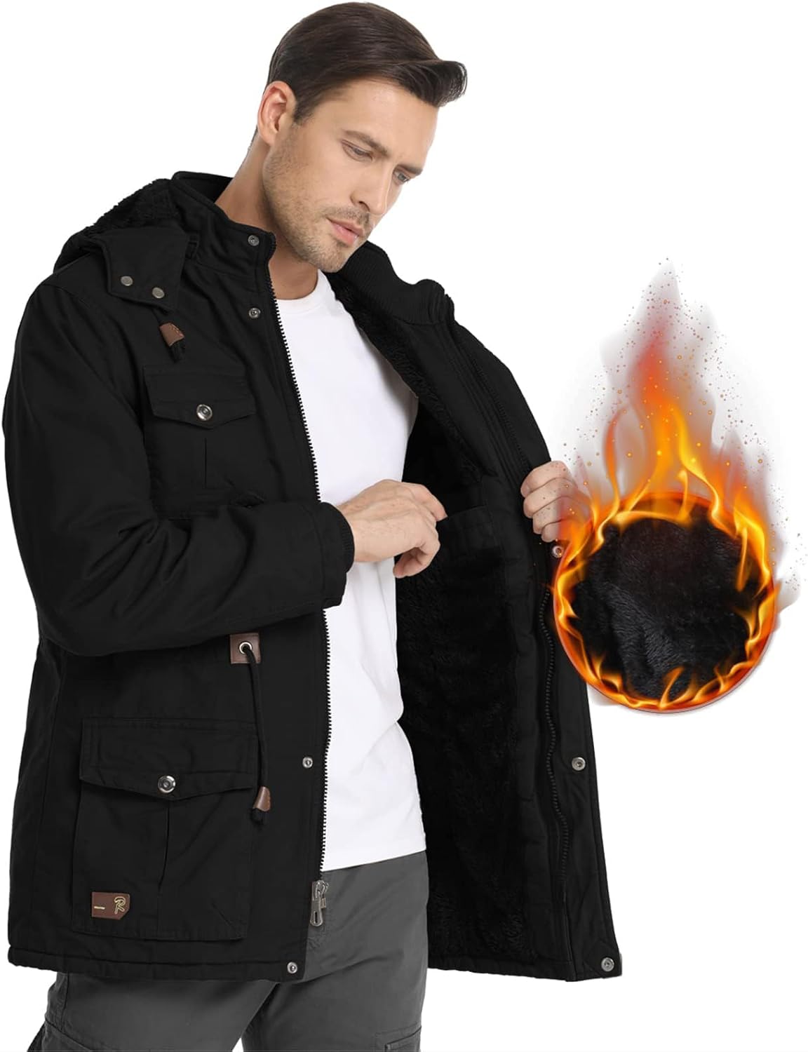 Men's Winter Jacket Military Jacket Fleece Lined Warm Cargo Jackets Removable Hood Cotton Work Coat - Image 3