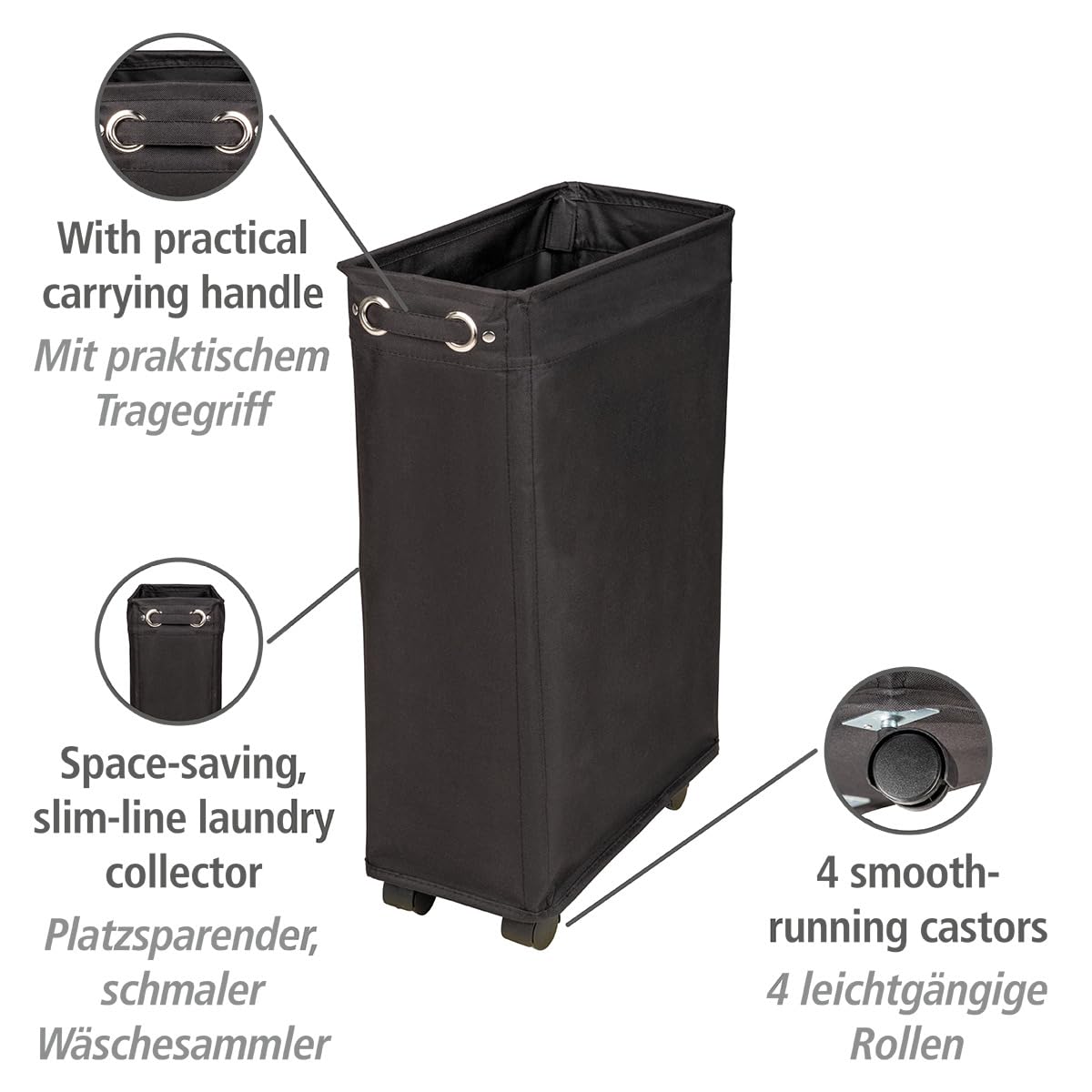 WENKO Cesto para la ropa sucia estrecho Corno negro WENKO, robusto cubo para la colada con cuatro ruedas y tapa, poliéster 100 %, capacidad 43 L, (anchura x altura x profundidad): 18,5 x 60 x 40 cm