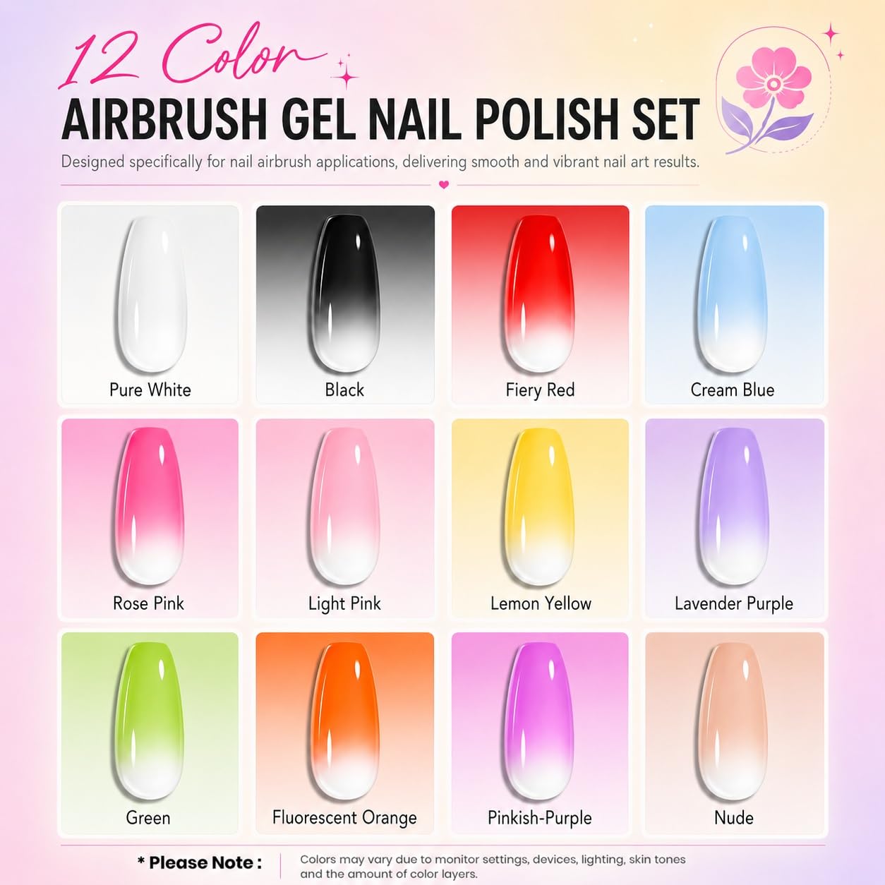 Airbrush Gel Nail Polish Set 12 Colors (15ml Each), No-Dilution, No Clogging, Airbrush Paint for Nails for Smooth Gradient Ombre & French Nail Art