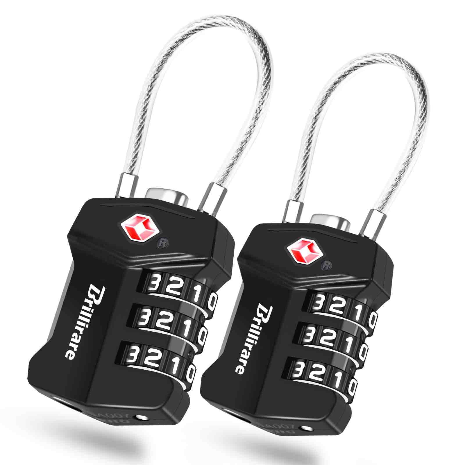 2 Pack TSA Approved Luggage Locks, Combination Travel Cable Padlock Alloy, Metal 3-Digit Waterproof Lock, TSA Accepted Outdoor Keyless Resettable Lock for Lockers, Bags, Gym, Gate-Black