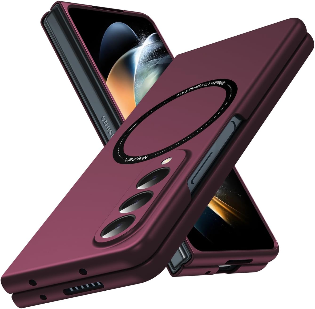 Magnetic for Galaxy Z Fold 3 5G Case,Lightweight,Slim Fit Drop Protection Rugged Shockproof Cover for Samsung Galaxy Z Fold 3 5G, Hard PC Shockproof Protective Phone Wine red 18-Z Fold3-14