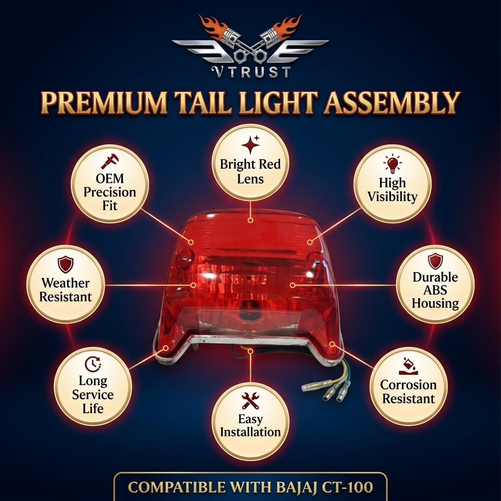 VTRUST Tail Light Assembly Compatible for Bajaj CT-100 | Rear Brake Tail Lamp with Red Lens | OEM Fit Replacement Back Light | Durable & Weather Resistant Bike Tail Light 1