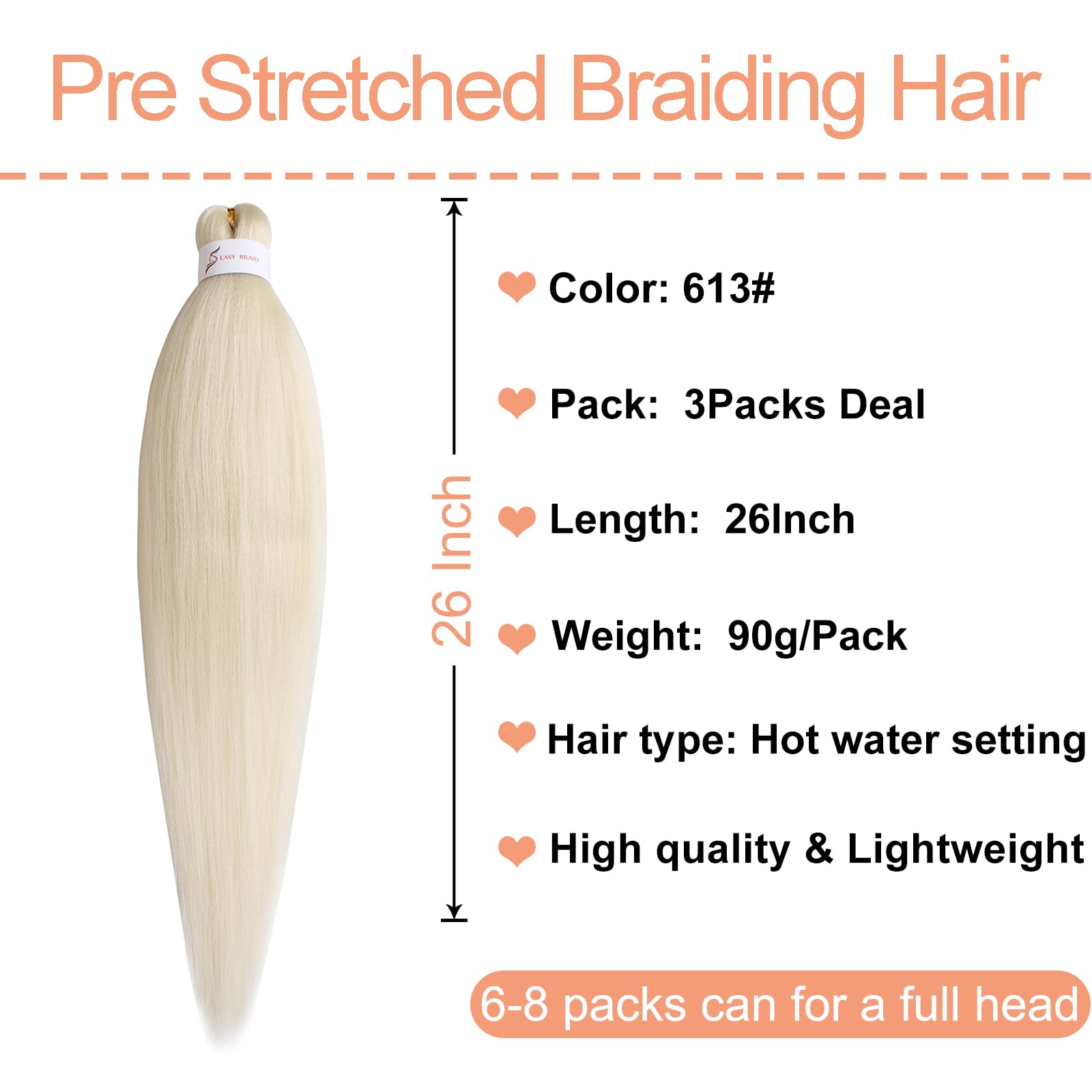 Mscat 26 Inch 3 Packs Pre Stretched Braiding Hair Blonde Pre Stretched Braiding Professional Synthetic Prestretched Crochet Braids Hair Extension Hot Water Setting Yaki Texture (613#) - Image 2