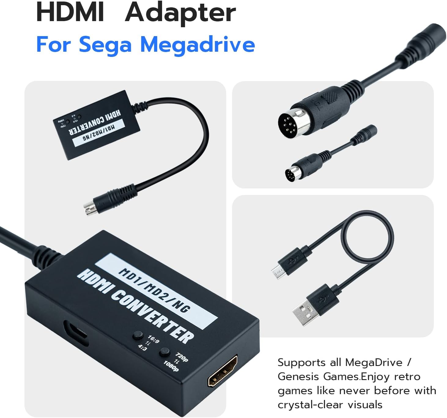 Mcbazel HDMI Adapter for Sega Genesis Model 1/2/3 for HDTV, Multifunctional Video Converter 4:3/16:9, 720P/1080P for Genesis Model 1/2 / 3, Sega CD, CDX, 32X, Nomad ，NEOGEO