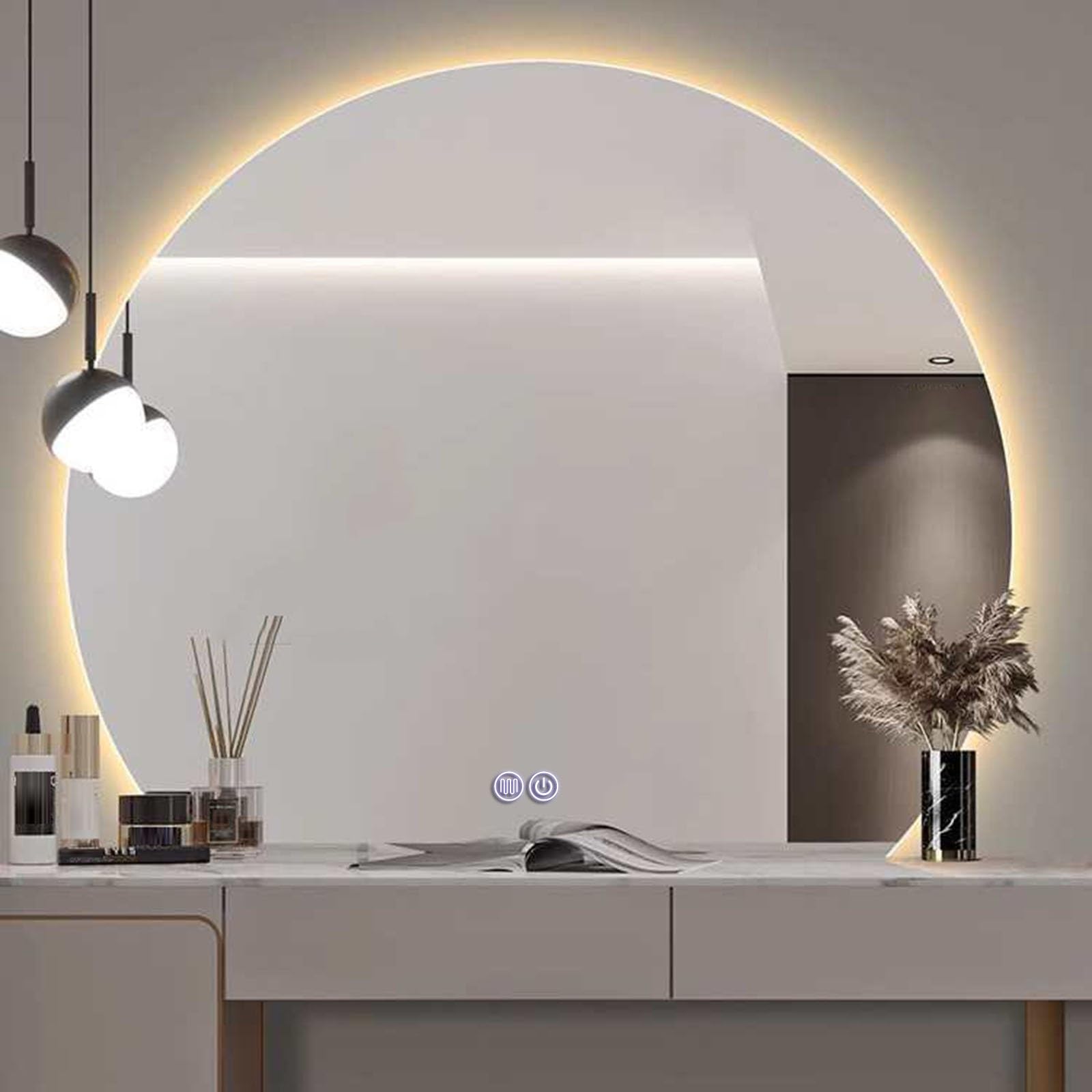 SXFSDOU 50cm/60cm/70cm/80cm LED Backlit Bathroom Mirror eless Half-Round Illuminated Vanity Dimmable Fog-Free Touch Switch - Large Cosmetic (60cm Down Cut)