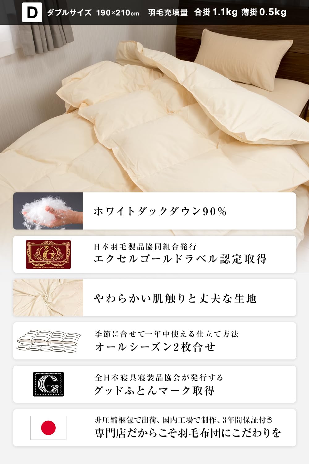 Amazon｜安眠工場 上質羽毛布団 2枚合せ(デュエット) ダブル【合掛1.1 