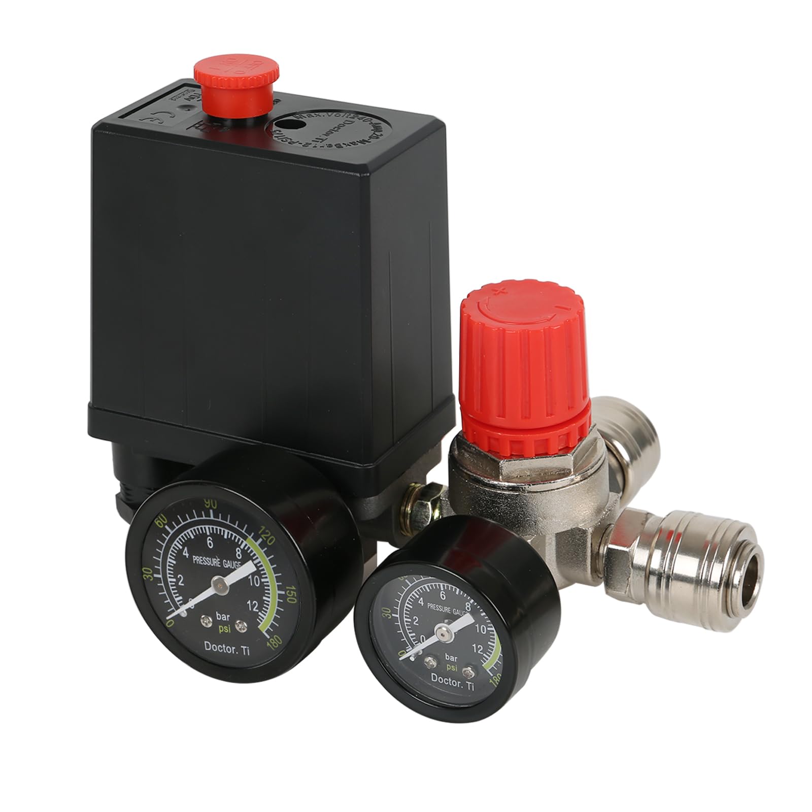 Drukschakelaar, luchtcompressor, drukregelaar, compressor met manometer, drukschakelaar, schakelaar, compressor, luchtcompressor, stuurventiel, regelaar (zwart