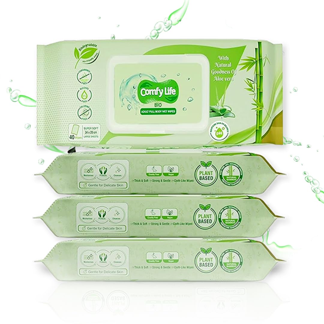 Comfy Life Salviette umidificate biodegradabili per adulti, grandi, ecologiche, fresche, senza risciacquo, senza profumo, per letto da bagno, biancheria intima (4 confezioni (160 salviette)
