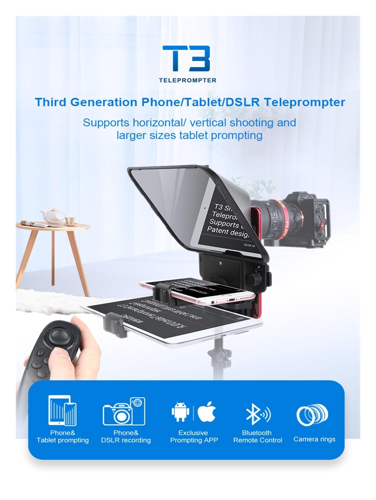 Teleprompter, T3 Smartphone/Tablet/DSLR-Kamera-Teleprompter mit Fernbedienung, unterstützt Weitwinkelobjektiv for Sprache, Live-Video, Online-Lehre Live-Streaming