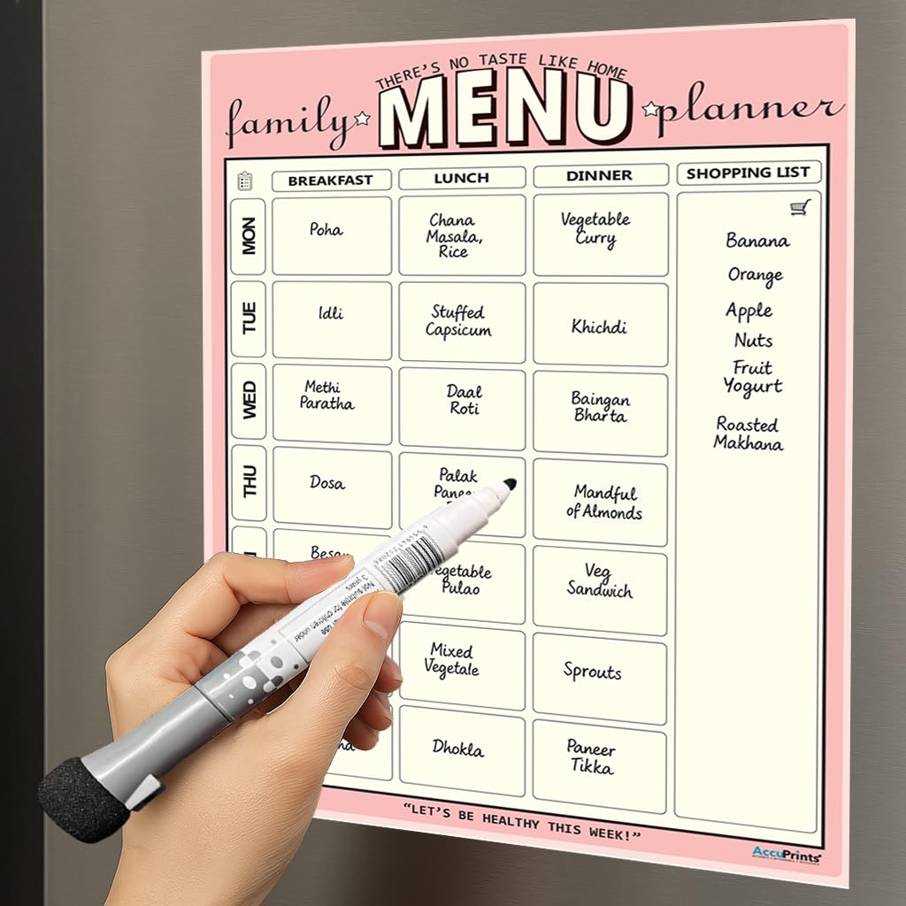 AccuPrints Planificador de comidas familiar A4, pizarra blanca magnética con marcador, 29 x 21 cm, película flexible de borrado en seco para cocina, nevera, oficina, armario de metal