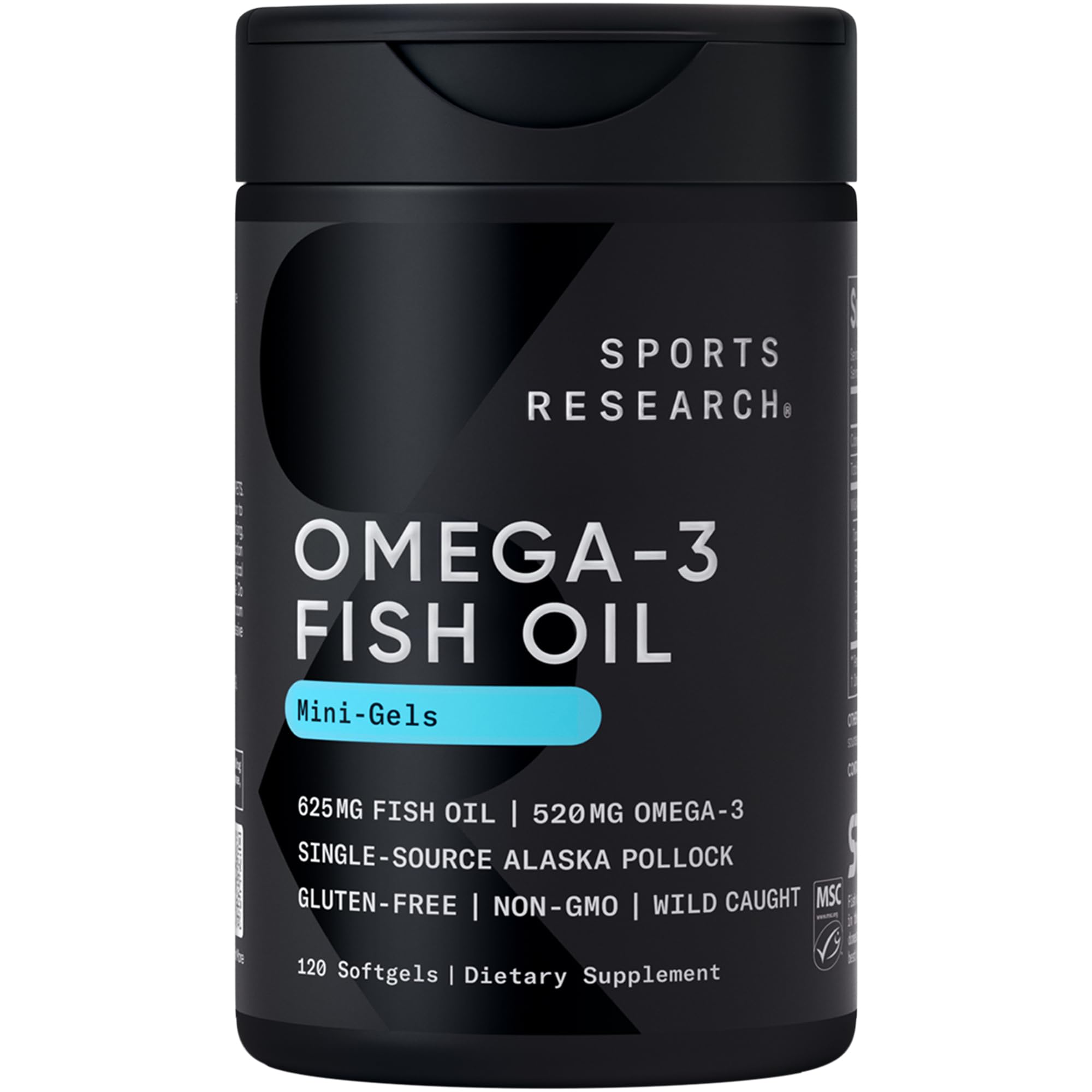 Sports Research® Omega-3 ­­Fish Oil Mini-Softgels - Sourced from Wild Caught Alaska Pollock - Burpless, Bovine Free, Non-GMO, & MSC Certified Sustainable - 120 Count