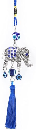 Adorno colgante de coche de mal de ojo, adorno azul turco para colgar en la pared con diamantes de imitación, colgante de elefante y borlas, adorno