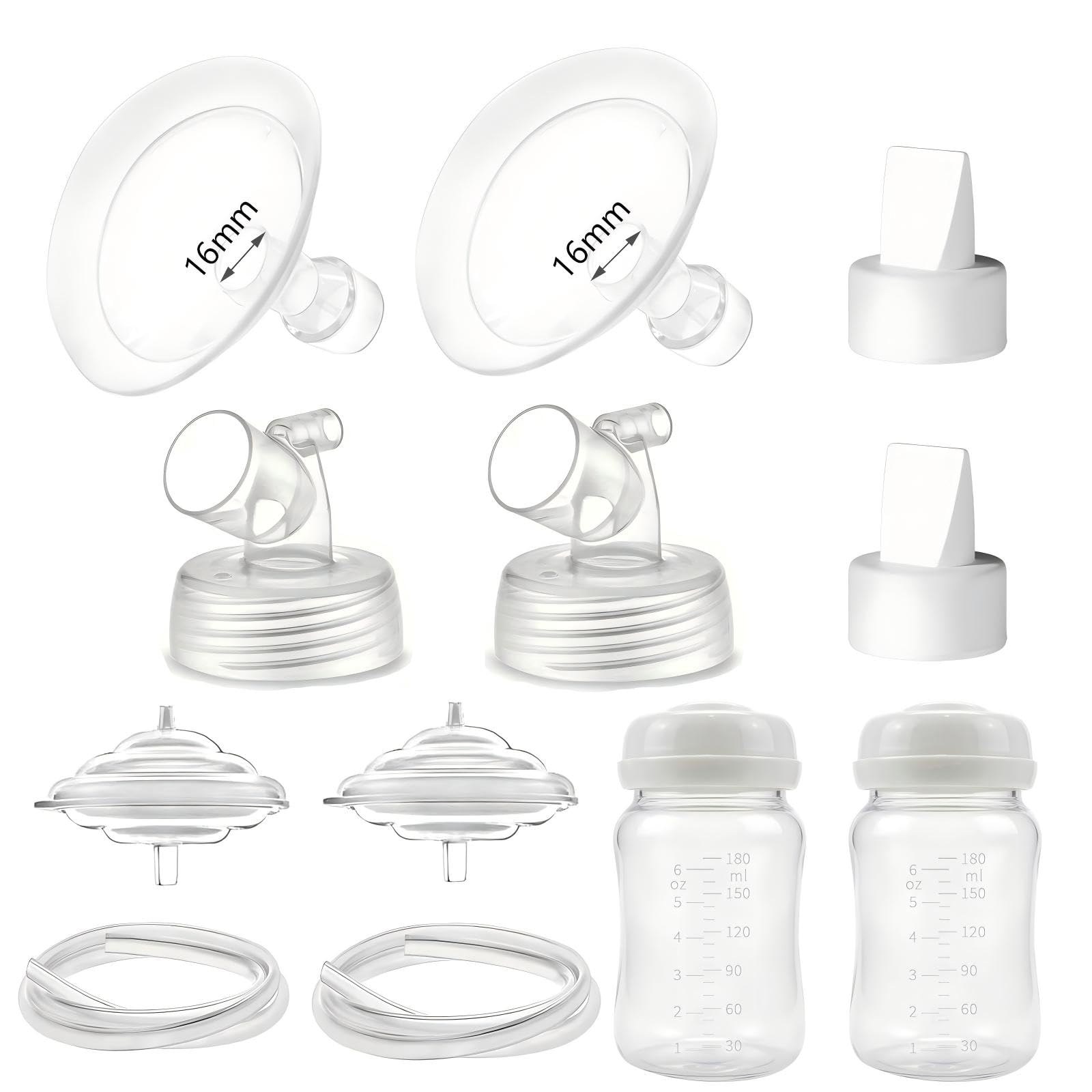 Replacement Pump Parts for Spectra S1 S2 S9 Plus, Full Accessories Kit Including Flanges, Duckbill Valves, Backflow Protectors, Tubing and 180ml Bottles, BPA-Free Silicone Breast Pump Spares (16mm)