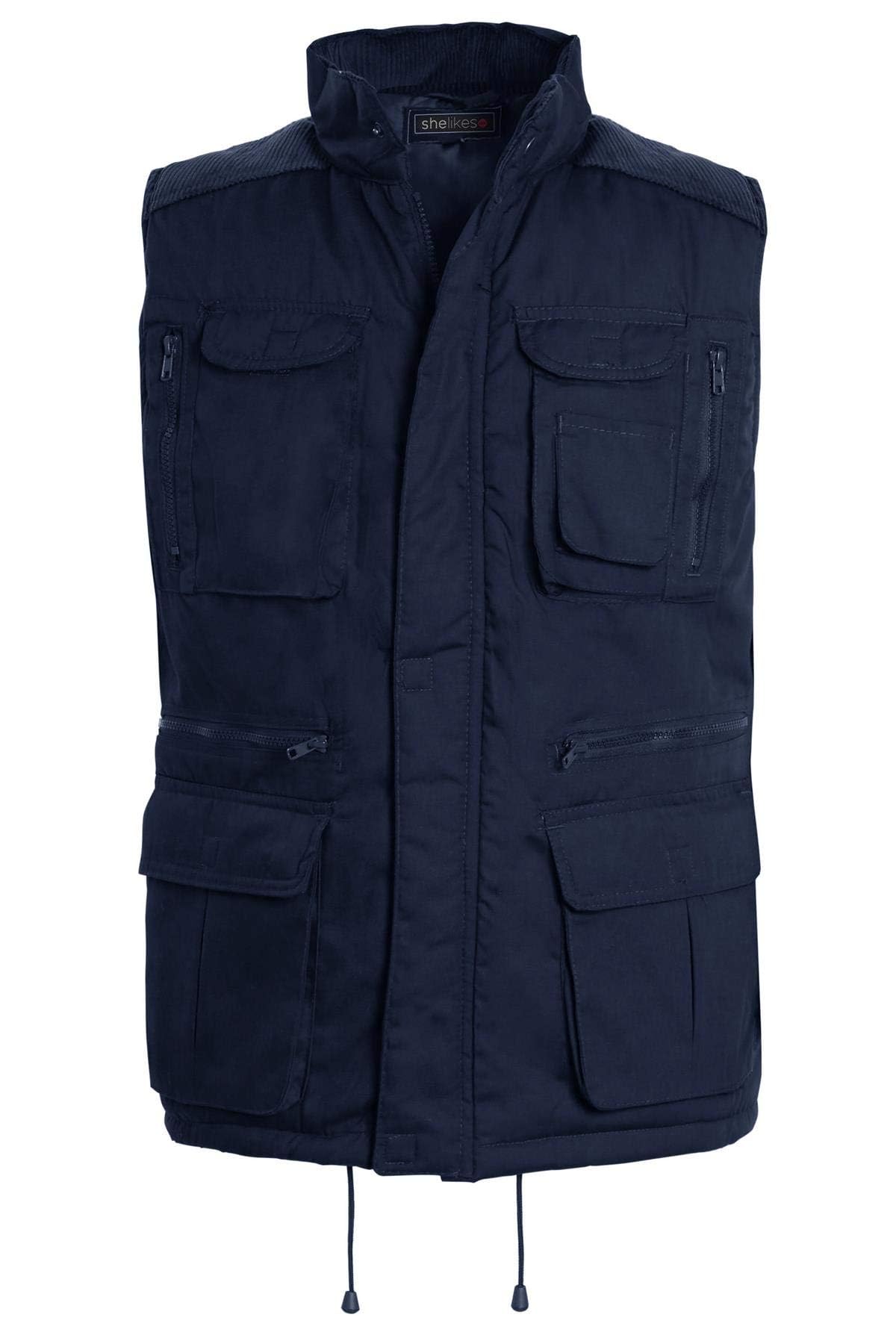shelikes Men Gilet Body Warmer Multi Pockets Jacket Sleeveless Safari Vest Hiking Waistcoat Navy