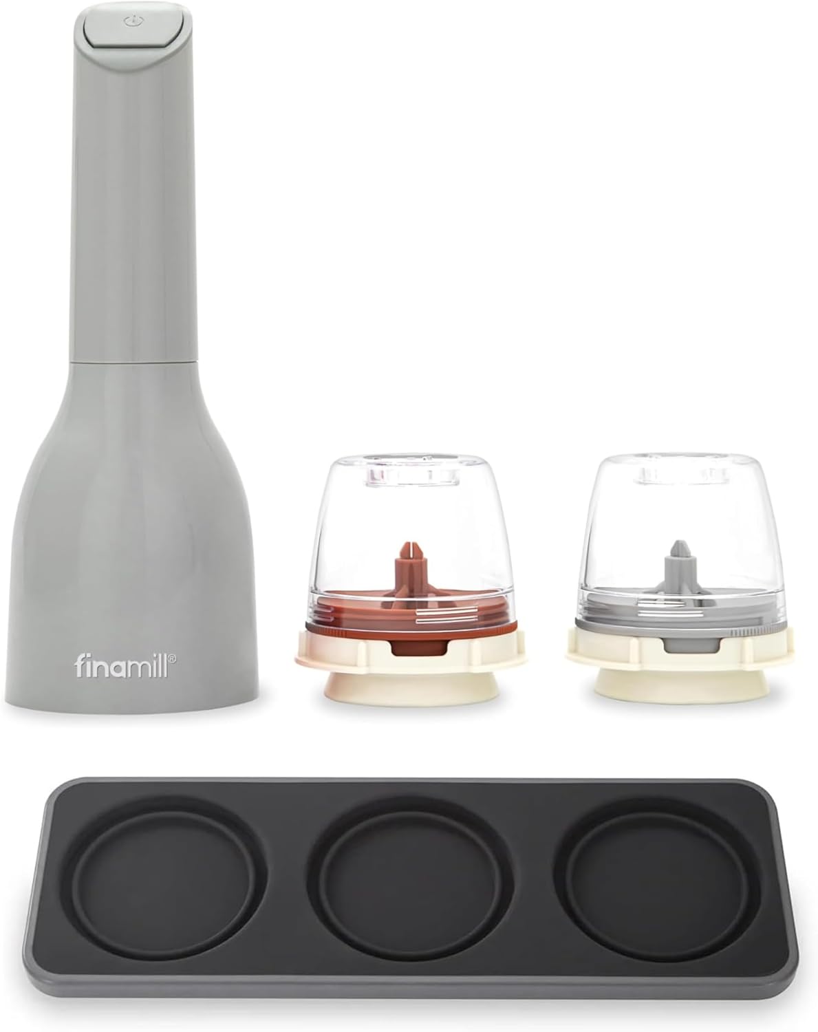 FinaMill Classic Battery-Operated Spice Mill Bundle with Slate Trio Stackable Tray – One-Handed Grinder with Interchangeable Pods, Space-Saving Spice Organizer, Valentine’s Day Gift for Food Lovers