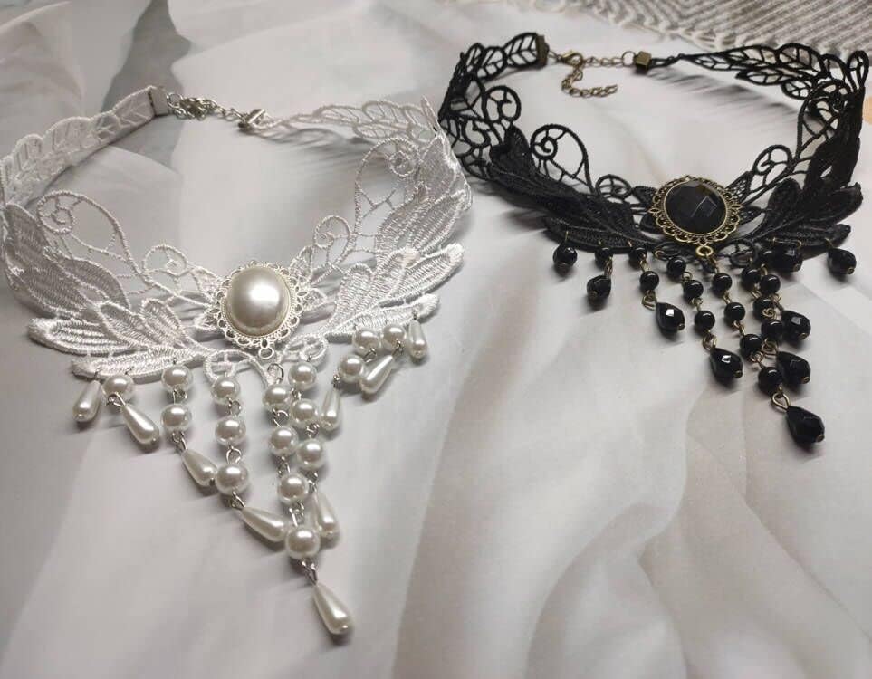 Jilukibo 2 Pack Black White Droplet Elegant Vintage Princess Lace Gothic Statement Necklace Bracelet Victorian Tassel Flower Choker Pendant Vampire Neck Chain - Image 2