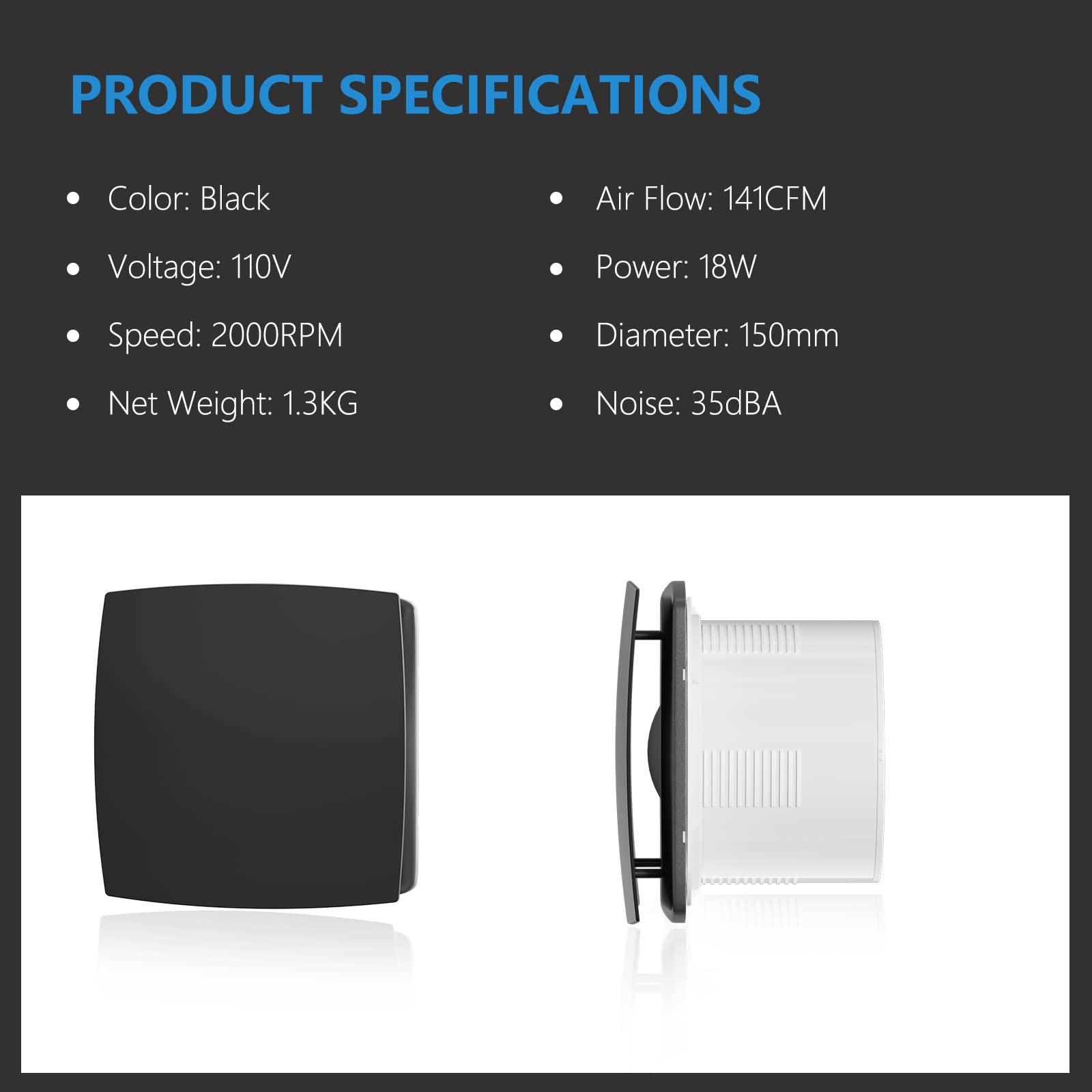 Hon&Guan Kitchen Exhaust Fan Wall Vent Fan, 141 CFM 6'' Bathroom Exhaust Fan Room to Room Vent Fan with Anti-Backflow Check Valve, For Ceiling and Wall Mount, Black-With Fastening Ring.