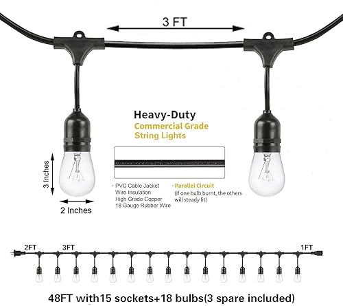 Miniatura 2 de SUNTHIN Tira de luces para exteriores, cadena de luz de grado comercial de 48 pies con 15 bombillas Edison vintage regulables de 11 W, colgantes