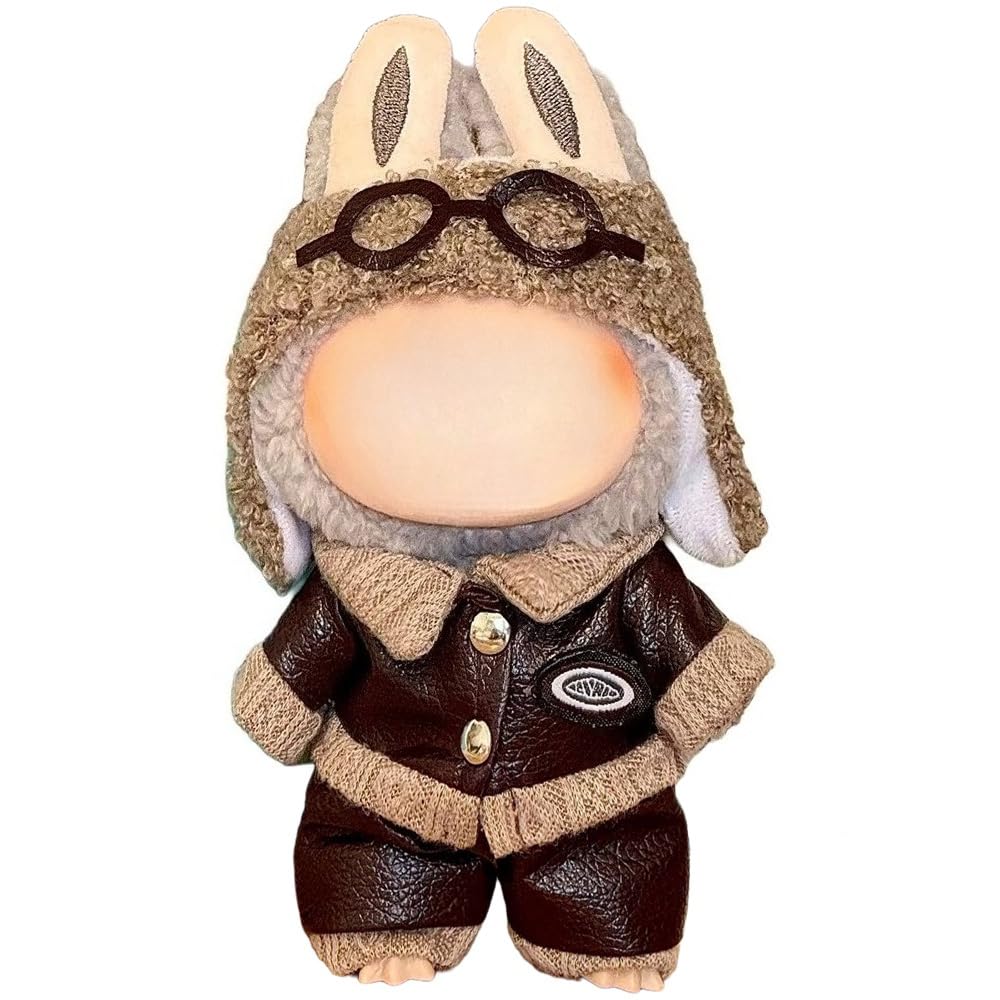 Clothes for Labubu Faux Leather Aviator 3-Piece Outfit - Stylish Design with Headband,Jacket & Pants,Ideal for 17cm Dolls(No Doll) (Dark Brown)