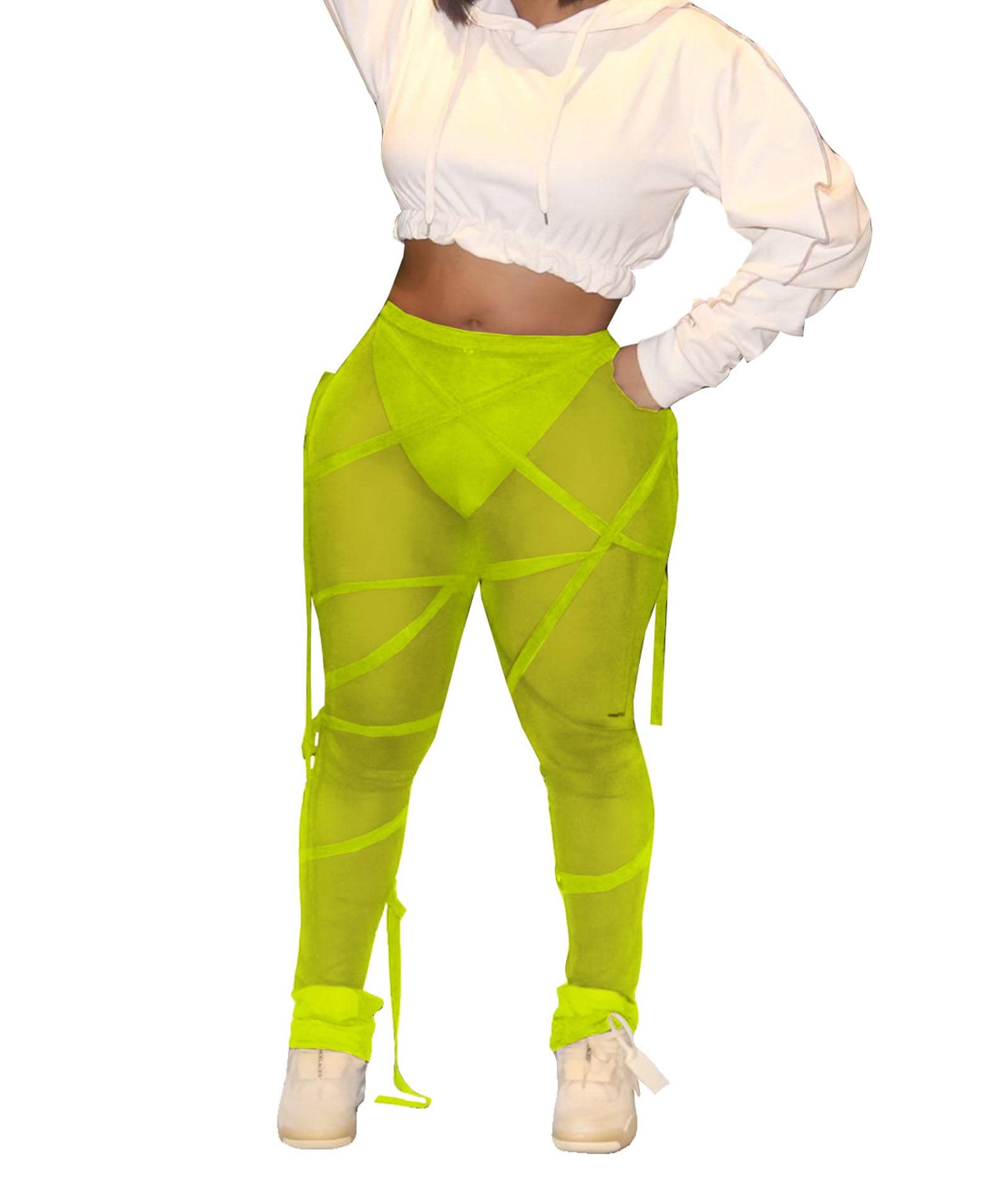 xxxiticat Women's Lace Up Bandage Legging Pants High Waist Transparent See Through Criss Cross Mesh Workout Gym Trouser(GR,XL) Green