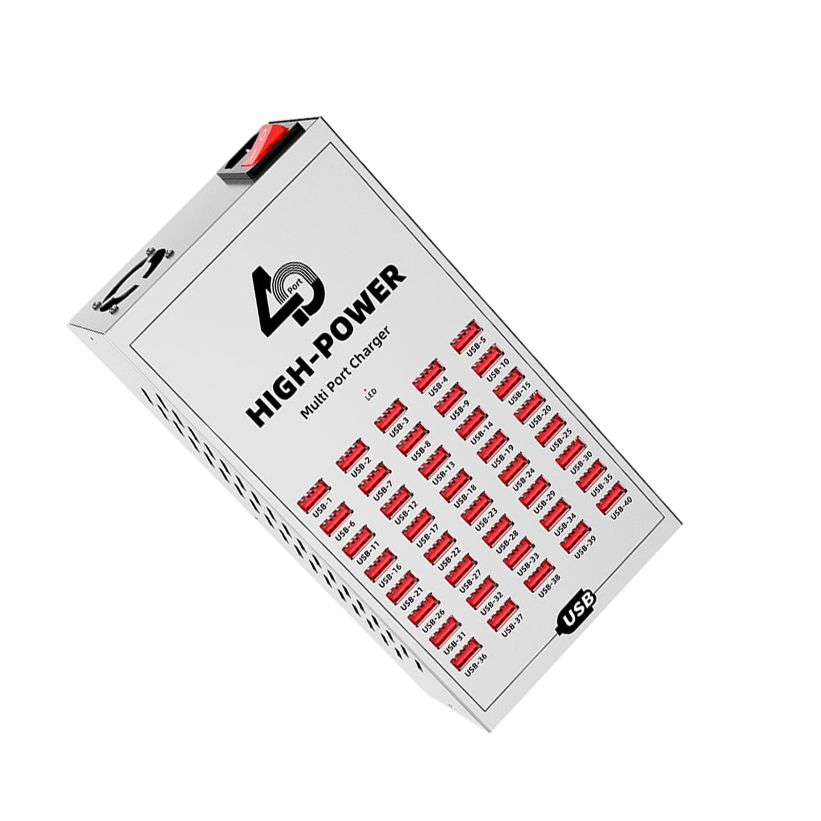 Stacja ładująca USB, 40-portowa, Metalowa Obudowa o Mocy 200 W.