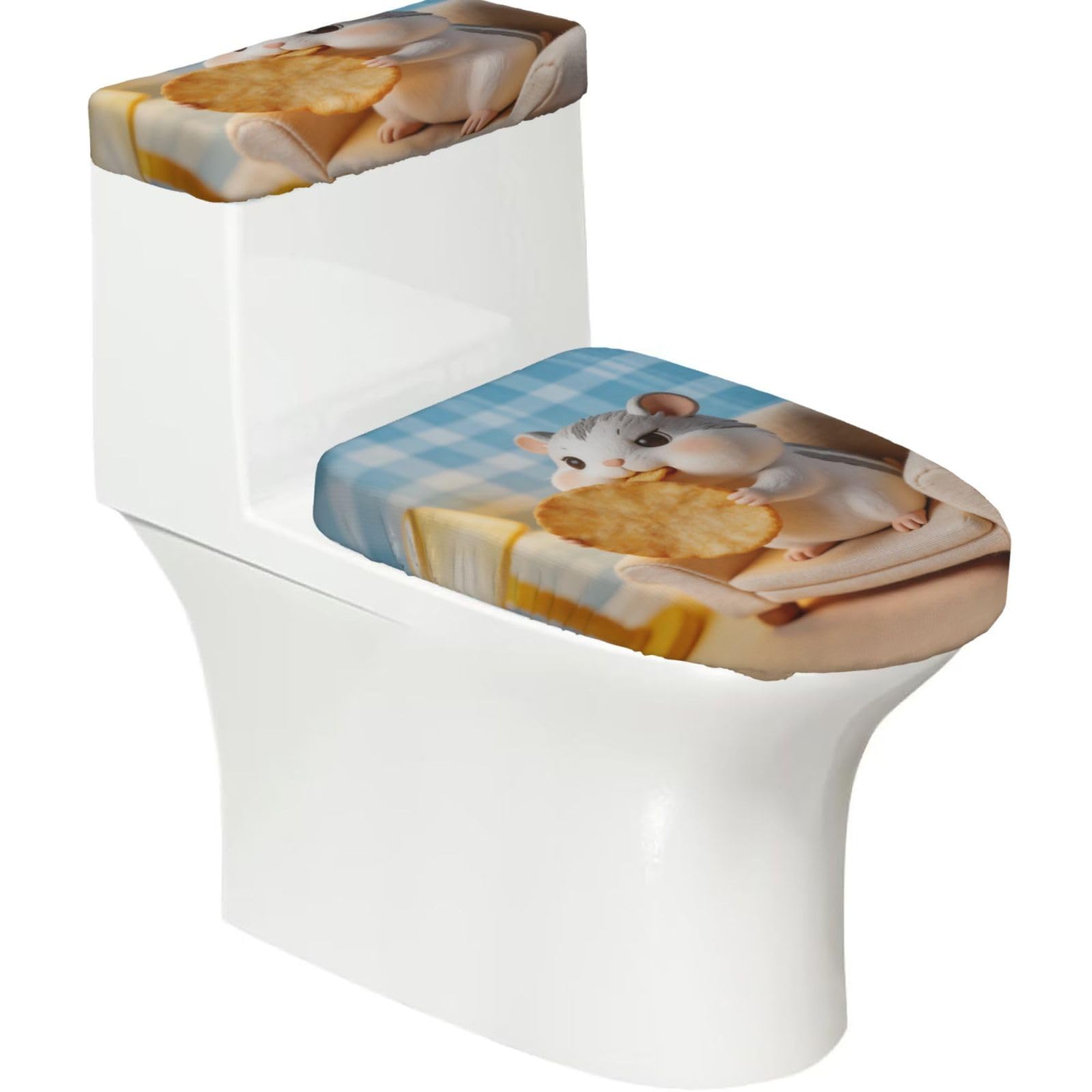 Hamsters and Potato Chips Elastic Toilet Cover Set of 2-Stretchy Lid and Tank Covers for Bathroom, Soft Washable U Shape Toilet Decor